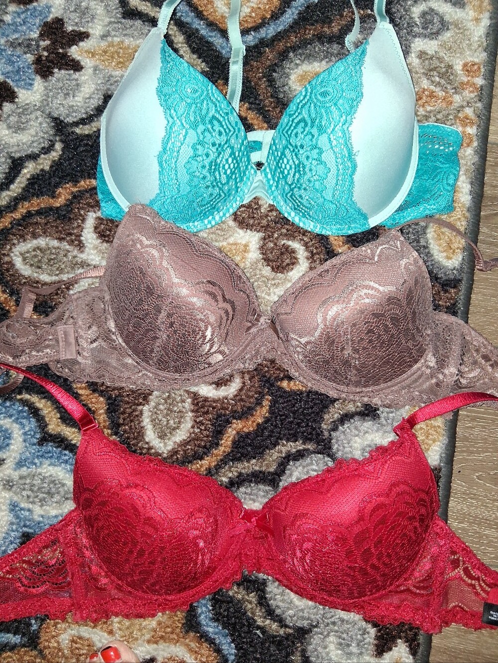Lace Push-Up Bra Bundle - Turquoise, Brown & Red